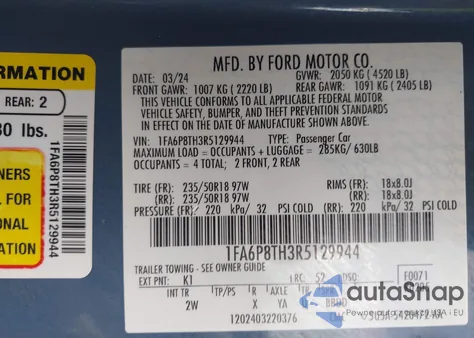 2024 Ford Mustang Ecoboost Fastback из США, поврежденный, VIN 1FA6P8TH3R5129944